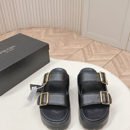 PRADA 26S DOUBLE STRAP PLATFORM SLIDES SANDALS IN BLACK CALFSKIN