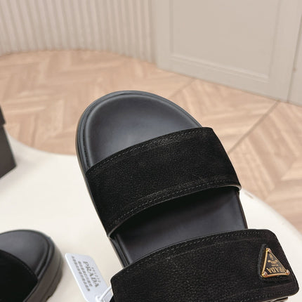 PRADA 26S DOUBLE STRAP PLATFORM SLIDES IN BLACK CALFSKIN WITH VELCRO
