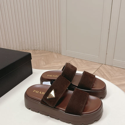 PRADA 26S DOUBLE STRAP PLATFORM SLIDES IN BROWN CALFSKIN WITH VELCRO