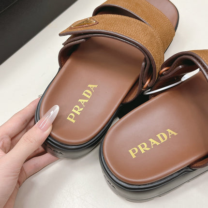 PRADA 26S DOUBLE STRAP PLATFORM SLIDES IN CARAMEL BROWN CALFSKIN WITH VELCRO