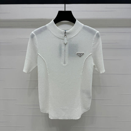 PRADA MOCK NECK SHORT-SLEEVE KNIT TOP WHITE 274815