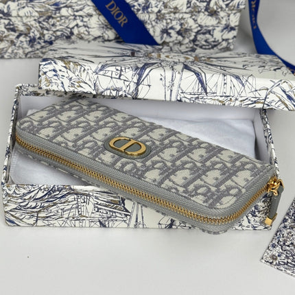 DIOR 25S LONG ZIPPER WALLET 19 IN GRAY OBLIQUE JACQUARD CANVAS