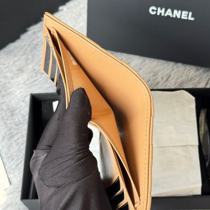 CHANEL 25S CF SMALL TRI FOLD WALLET 11 IN GOLDEN CARAMEL CAVIAR GOLD HARDWARE