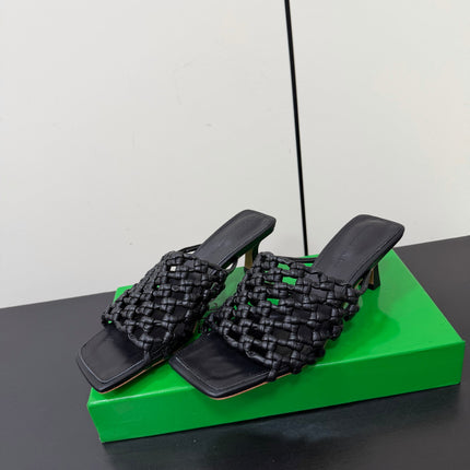 BOTTEGA VENETA 26S WOVEN STRAP HIGH-HEEL SANDALS 55 MM IN BLACK LAMBSKIN