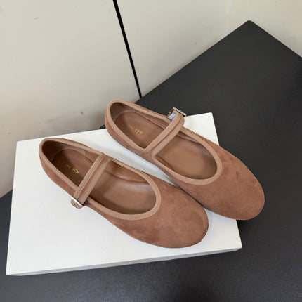 THE ROW 26S MARY JANE BALLET FLATS IN BROWN SUEDE WITH SILVER HARDWARE
