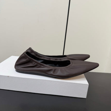 THE ROW 26S POINTED TOE BALLET FLATS IN CHOCOLATE BROWN LAMBSKIN