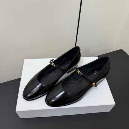 CELINE 26S MARY JANE FLATS IN BLACK GLOSSY CALFSKIN GOLD HARDWARE
