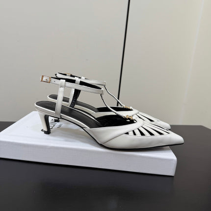 CELINE 26S TRIOMPHE T-STRAP SLINGBACK PUMPS IN WHITE PATENT CALFSKIN
