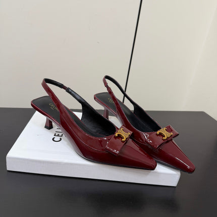 CELINE 26S TRIOMPHE SLINGBACK PUMPS IN BURGUNDY RED PATENT CALFSKIN GOLD HARDWARE