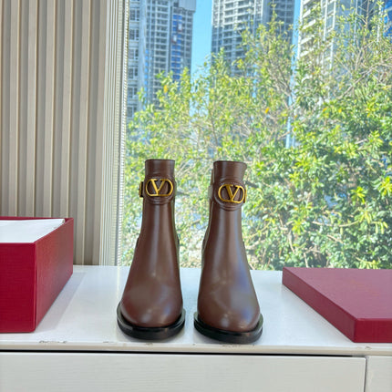 VALENTINO 25S SIGNATURE LOGO BOOTS 60 MM IN BROWN CALFSKIN WITH GOLD HARDWARE