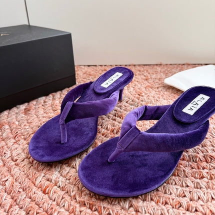ALAIA 26S HEELED THONG SANDALS IN DARK PURPLE VELVET