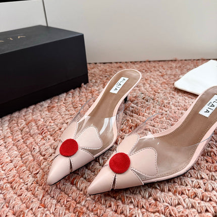 ALAIA 26S MULE HEELS IN NUDE PINK LAMBSKIN AND TRANSPARENT PVC