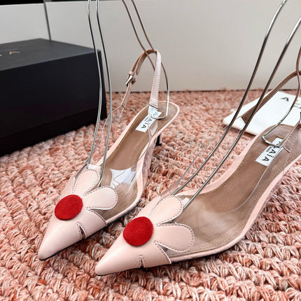 ALAIA 26S POINTED-TOE SLINGBACK HEELS IN NUDE PINK LAMBSKIN AND TRANSPARENT PVC