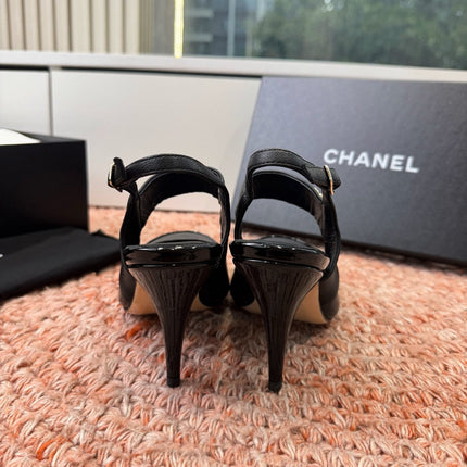 CHANEL 26S SQUARE TOE HIGH HEELS SLINGBACKS IN BLACK LAMBSKIN WITH TOE