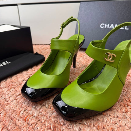CHANEL 26S SQUARE TOE HIGH HEELS SLINGBACKS IN GREEN LAMBSKIN WITH BLACK TOE
