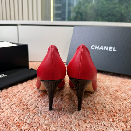 CHANEL 26S SQUARE TOE HIGH HEELS IN RED LAMBSKIN WITH BLACK TOE