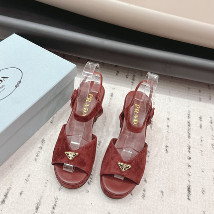 PRADA 26S HEELED SANDALS 75MM IN DARK RED SUEDE WITH LOGO