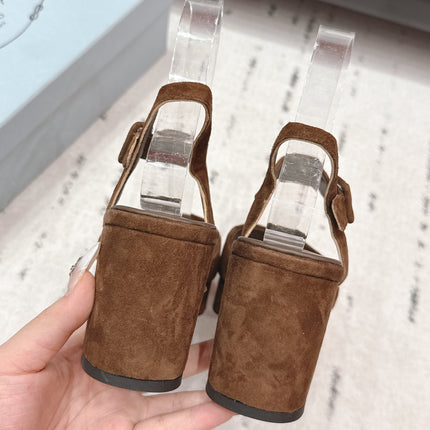 PRADA 26S HEELED SANDALS 75MM IN CARAMEL BROWN SUEDE WITH LOGO