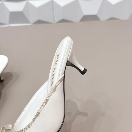 PRADA 26S POINTED TOE LACE TRIM MULES 55MM IN CREAM WHITE CALFSKIN WITH BOW