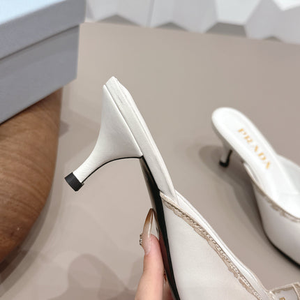 PRADA 26S POINTED TOE LACE TRIM MULES 55MM IN CREAM WHITE CALFSKIN