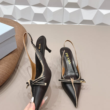 PRADA 26S POINTED TOE SLINGBACK HIGH HEELS 55MM IN BLACK CALFSKIN WITH BOW