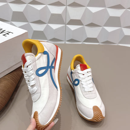 LOEWE 26S FLOW RUNNER SNEAKER IN LIGHT GRAY SUEDE YELLOW AND BLUE CALFSKIN