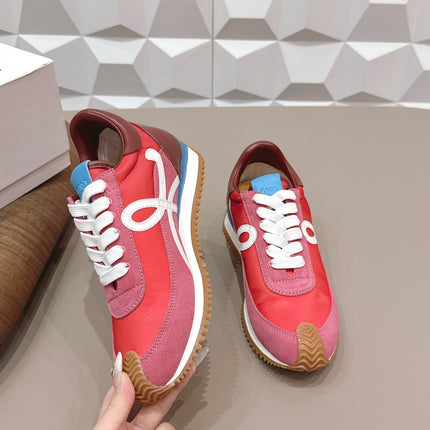 LOEWE 26S FLOW RUNNER SNEAKER IN DUSTY ROSE SUEDE AND DARK RED CALFSKIN