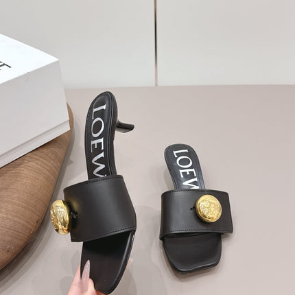 LOEWE 26S SQUARE TOE SANDALS 45MM IN BLACK CALFSKIN GOLD HARDWARE