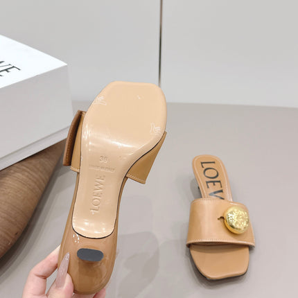 LOEWE 26S SQUARE TOE SANDALS 45MM IN TAN BROWN CALFSKIN GOLD HARDWARE