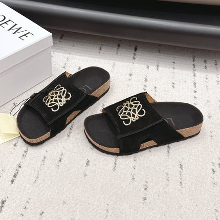 LOEWE 26S FLAT SANDALS IN BLACK LOGO GOLD HARDWARE