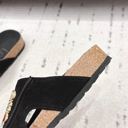 LOEWE 26S FLAT SANDALS IN BLACK LOGO GOLD HARDWARE