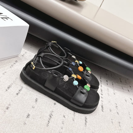 LOEWE 26S ROUND TOE WEDGE SANDALS 30MM IN BLACK CALFSKIN AND SUEDE