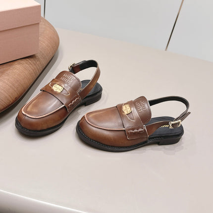 MIUMIU 26S PENNY SLINGBACK LOAFERS IN BROWN CALFSKIN GOLD HARDWARE