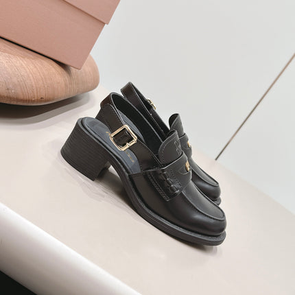 MIUMIU 26S BLOCK HEEL PENNY SLINGBACK LOAFERS 50MM IN BLACK CALFSKIN