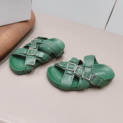 LOEWE 26S BUCKLE SLIDES IN GREEN CALFSKIN SILVER HARDWARE