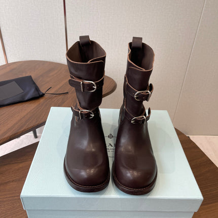 PRADA 25S TWO-BUTTON COWBOY BOOTS IN DARK BROWN CALFSKIN WITH SILVER HARDWARE
