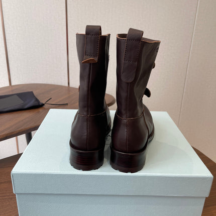 PRADA 25S TWO-BUTTON COWBOY BOOTS IN DARK BROWN CALFSKIN WITH SILVER HARDWARE