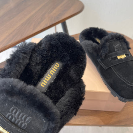 MIUMIU 25S MULES SLIPPERS SHEEPWOOL IN BLACK SUEDE