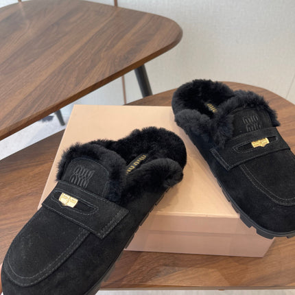 MIUMIU 25S MULES SLIPPERS SHEEPWOOL IN BLACK SUEDE
