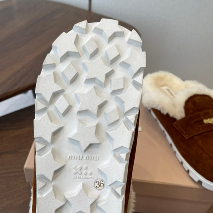 MIUMIU 25S MULES SLIPPERS SHEEPWOOL IN DARK BROWN SUEDE