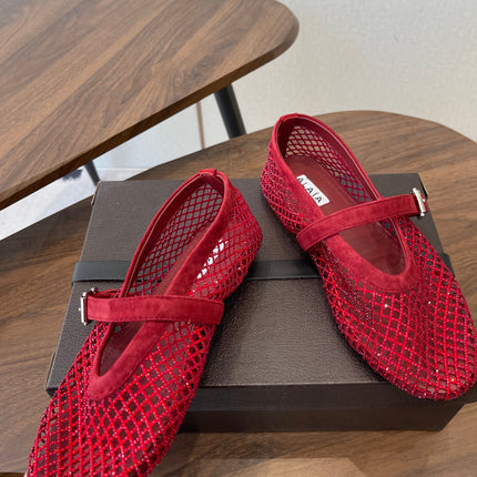 ALAIA 26S MESH FLATS IN DARK RED SUEDE RHINESTONE-EMBELLISHED