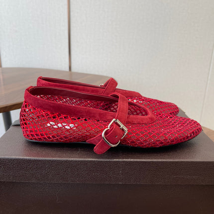 ALAIA 26S MESH FLATS IN DARK RED SUEDE RHINESTONE-EMBELLISHED