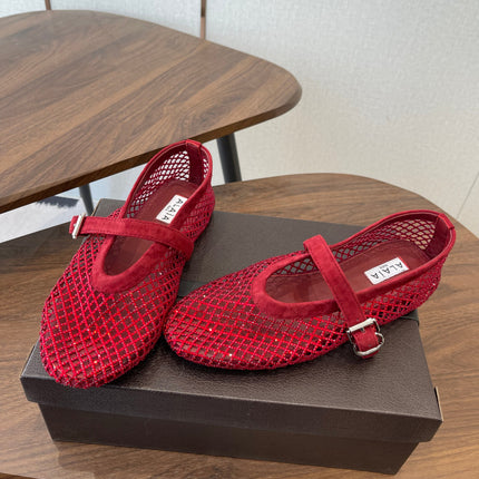 ALAIA 26S MESH FLATS IN DARK RED SUEDE RHINESTONE-EMBELLISHED