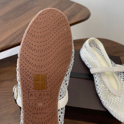 ALAIA 26S MESH FLATS IN WHITE SUEDE RHINESTONE-EMBELLISHED
