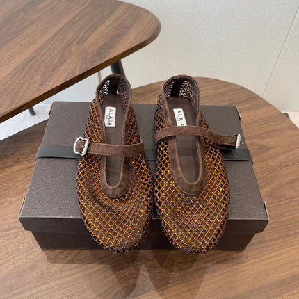 ALAIA 26S MESH FLATS IN DARK BROWN SUEDE RHINESTONE-EMBELLISHED