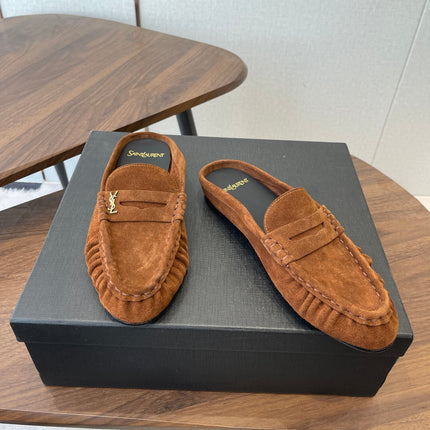 YSL 26S LOAFER MULES IN BURNT ORANGE BROWN SUEDE