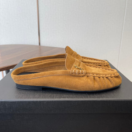 YSL 26S LOAFER MULES IN CAMEL BROWN SUEDE