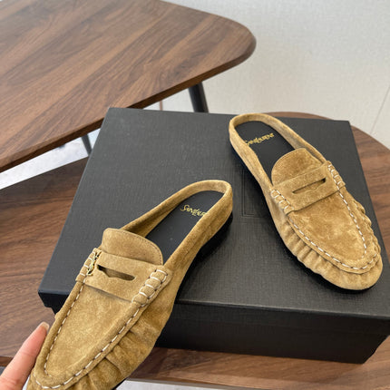 YSL 26S LOAFER MULES IN LIGHT BROWN SUEDE