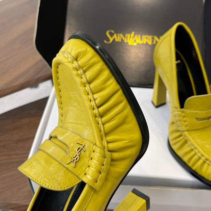 YSL 26S HEELED LOAFERS 100 MM IN YELLOW CALFSKIN