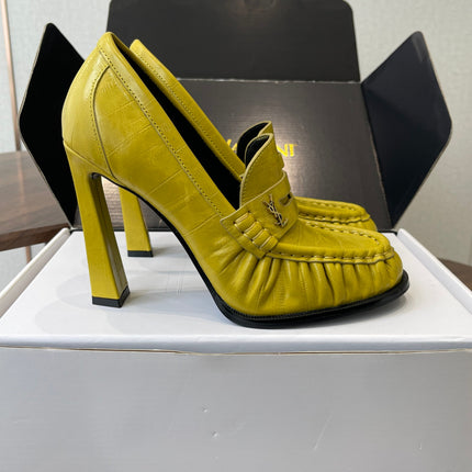 YSL 26S HEELED LOAFERS 100 MM IN YELLOW CALFSKIN